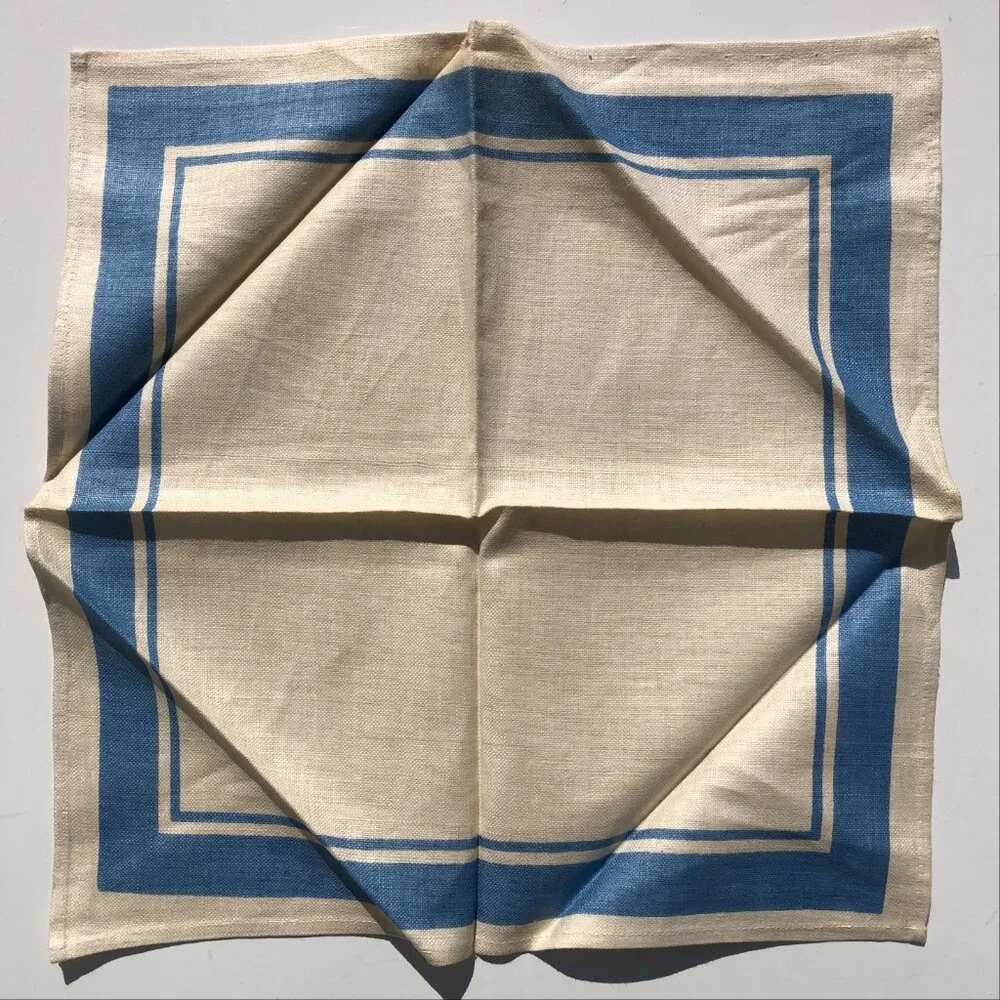 vintage Linen Napkins Cream with Blue Border 1950's set of 4 AS IS with stains